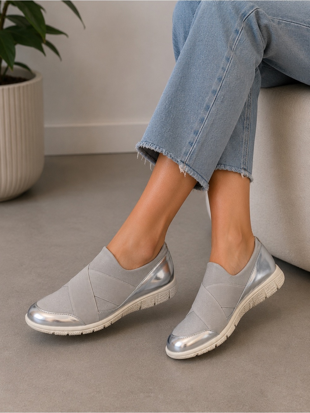 Trotters Light Gray Slip-On Sneakers with Silver Accents